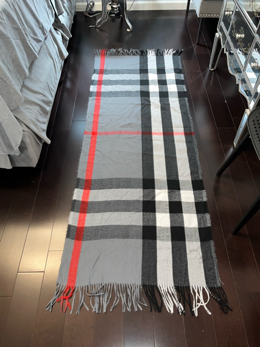 Gray Plaid Fringe Scarf with Red Accent - Men